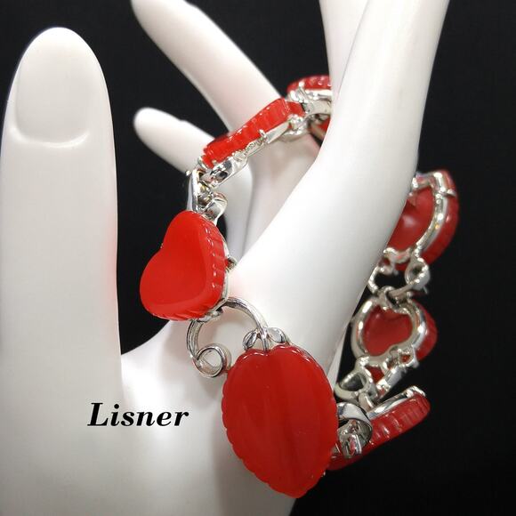 Lisner Red Lucite Leaves Bracelet, Silver Tone, 1950s Vintage Jewelry - Picture 7 of 10